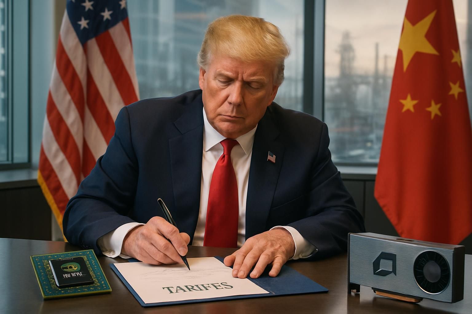 trump impose des tarifs douaniers visant à récupérer 25% des revenus de nvidia et amd sur le marché chinois, impactant significativement le secteur technologique.